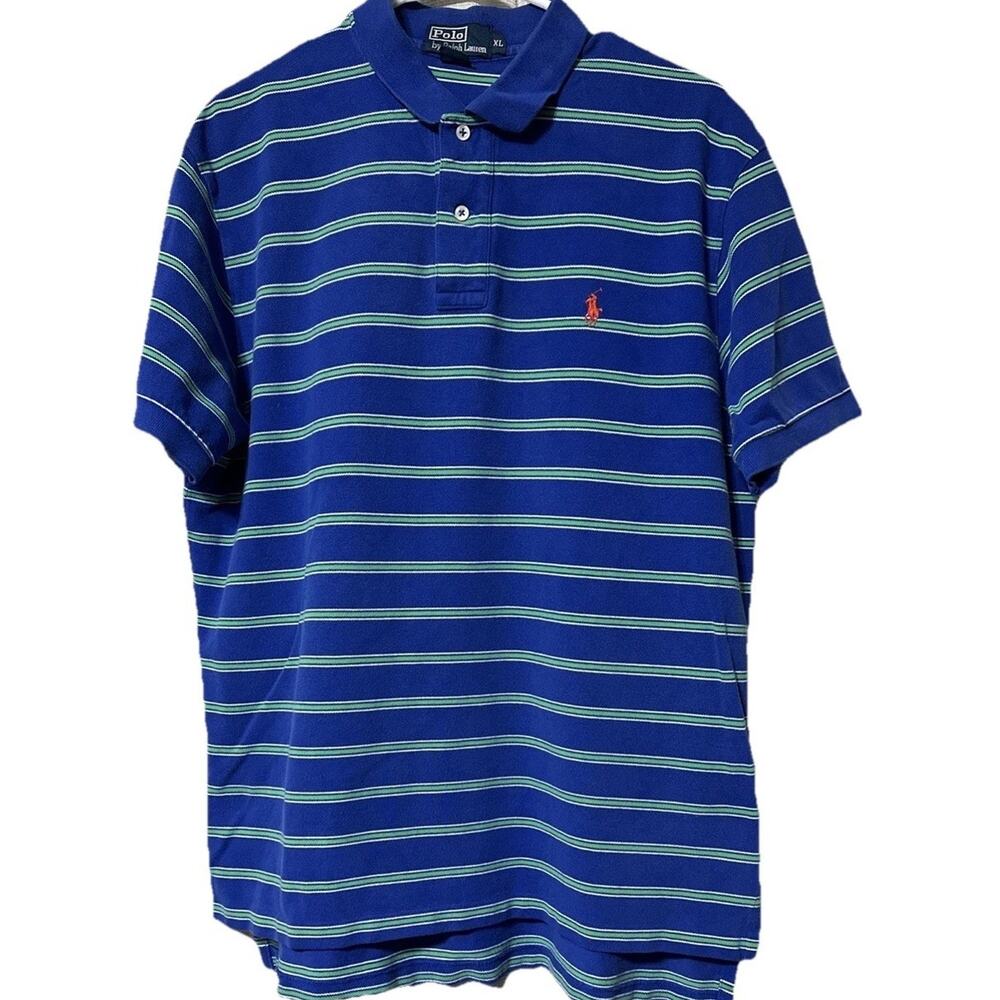 Vintage Ralph Lauren Polo Shirt Men Size XL Blue Green Striped Red Pony Preppy